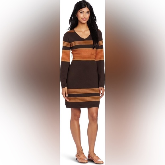 PrAna Sydney Sweater Dress with V-Neck & Tie Belt in Brown, Tan, & Orange, M - Picture 2 of 15